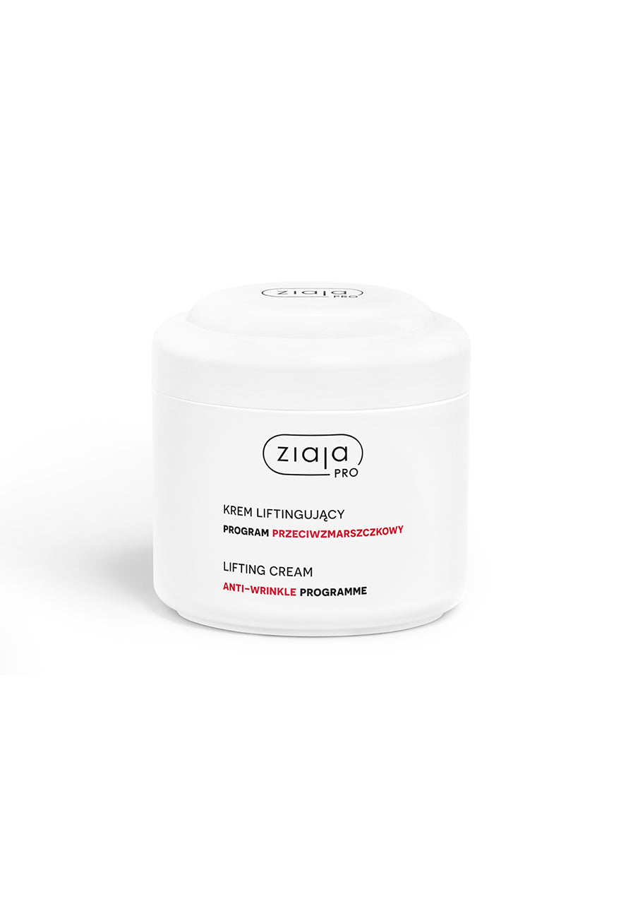 Ziaja Pro lifting face cream anti-wrinkle in white jar packaging on a clean background