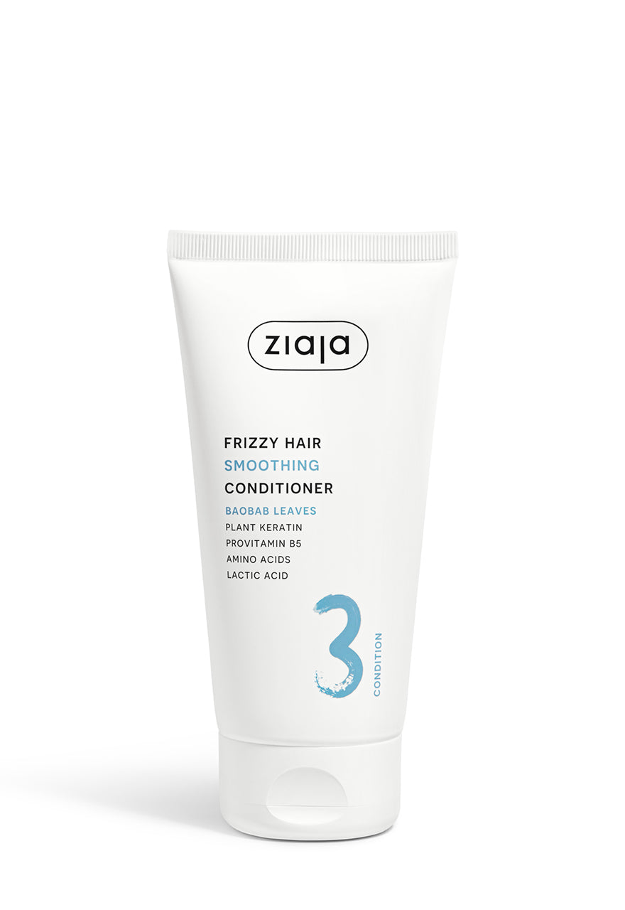 Ziaja Baobab Leaves Smoothing Hair Conditioner in a white tube with blue and black text, highlighting the natural ingredients and gloss finish.