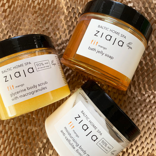 Ziaja Baltic Home Spa Fit mango moisturising body mousse, white jar with vegan formula, hydrating and anti-cellulite body care product