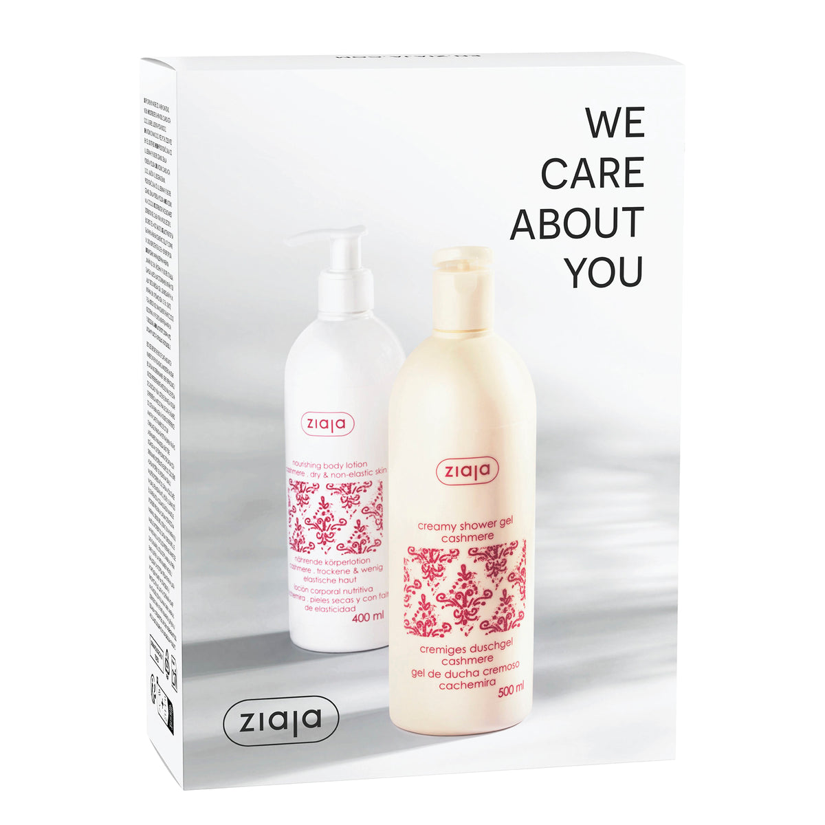 Ziaja Cashmere gift set with body lotion in a pump bottle and creamy shower gel, presented in a white gift box with “We Care About You” text.