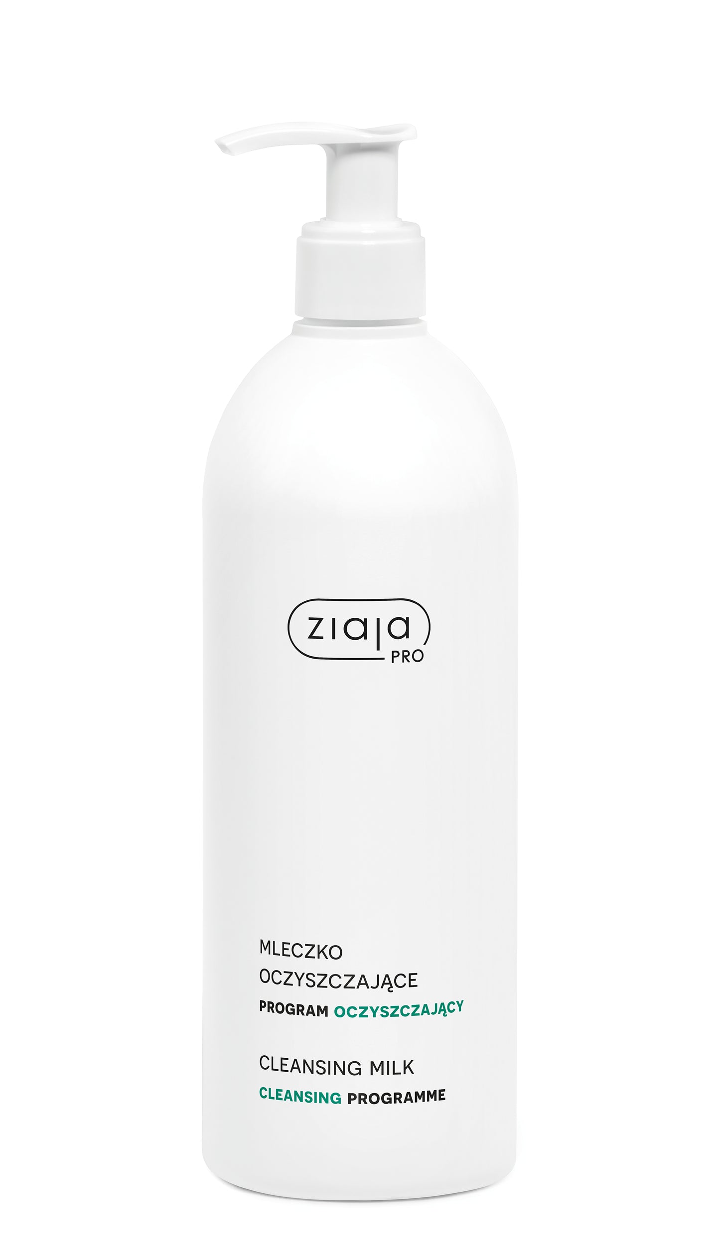 White bottle of Ziaja cleansing milk on a white background