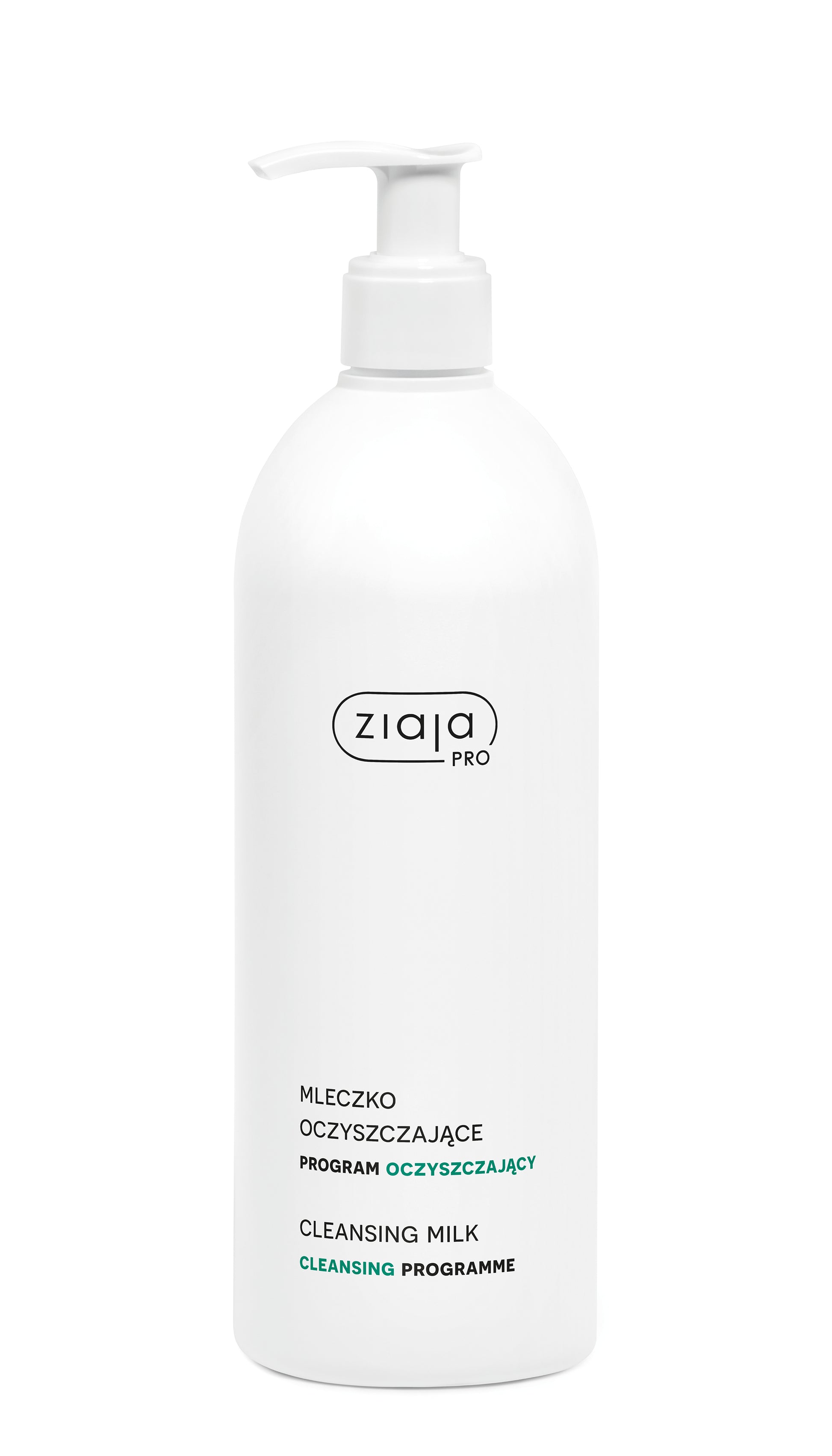 White bottle of Ziaja cleansing milk on a white background