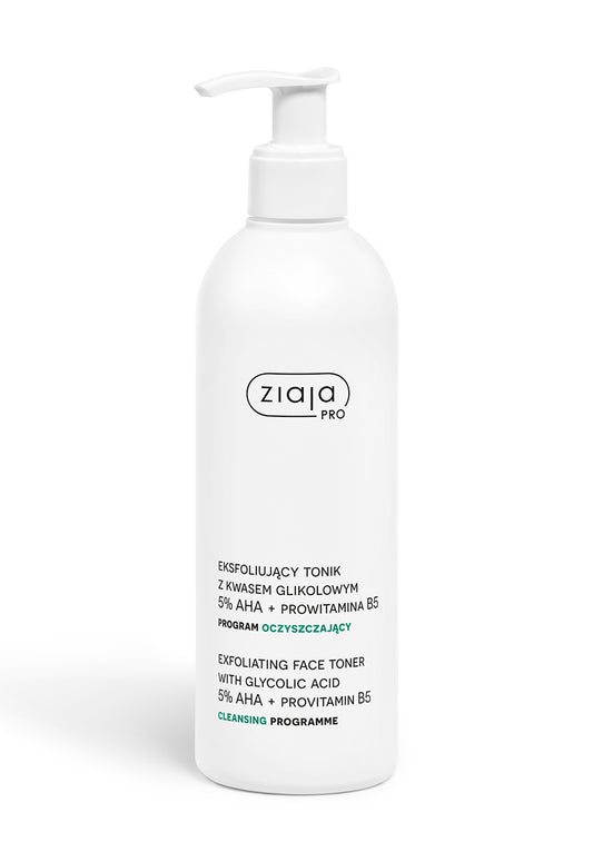 Ziaja Pro exfoliating face toner with glycolic acid 5% AHA and provitamin B5 – Cleansing Programme on a white background