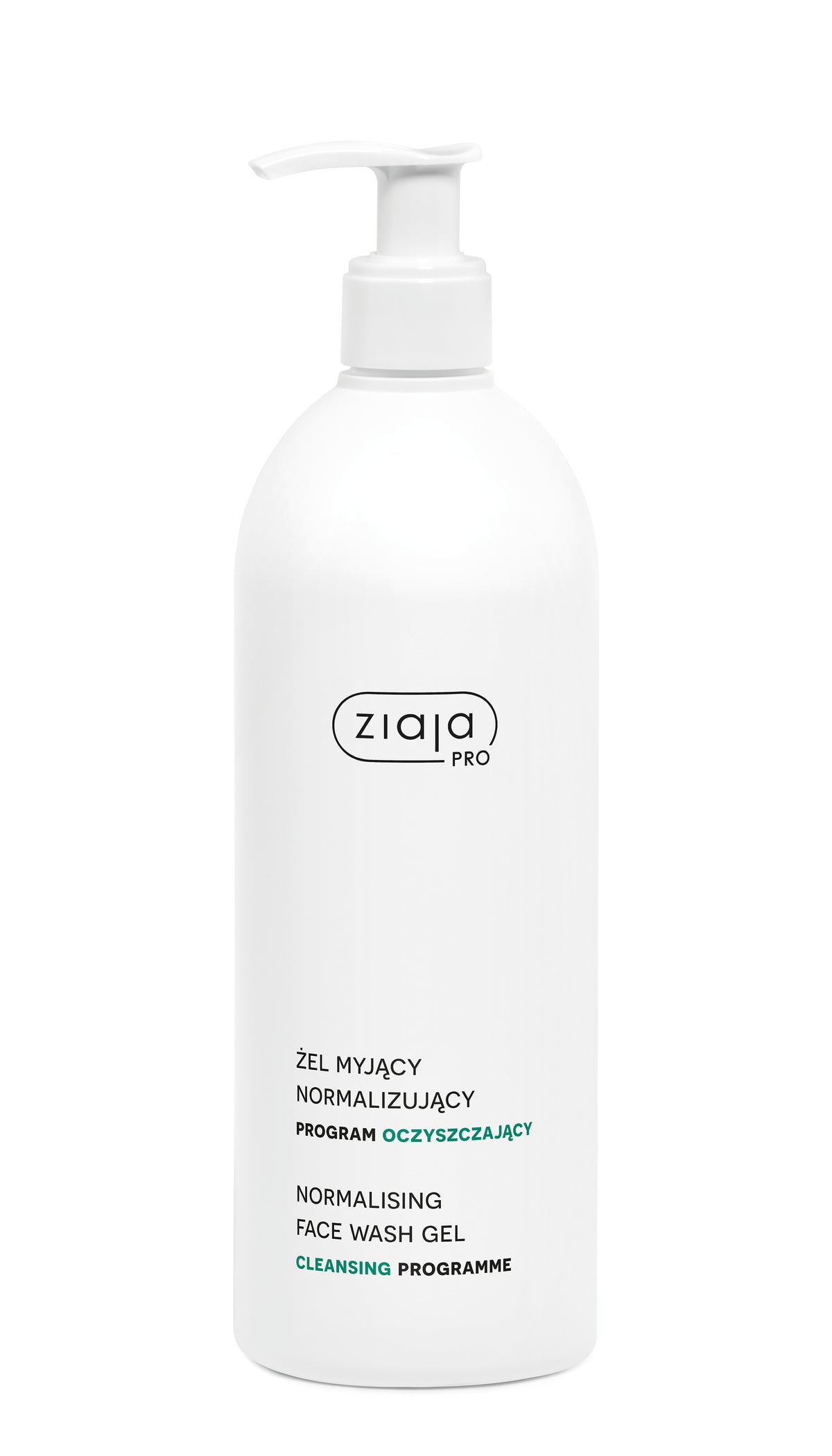 A white pump bottle of Ziaja Pro Normalising Face Wash Gel with black and green text on a white background.
