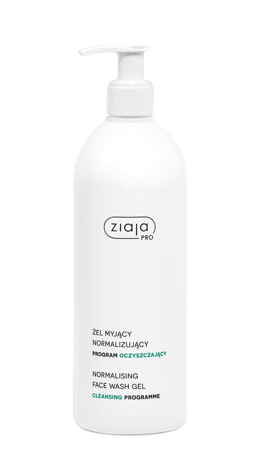 A white pump bottle of Ziaja Pro Normalising Face Wash Gel with black and green text on a white background.