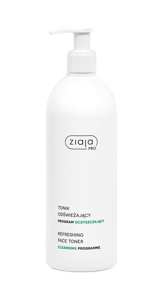 A white pump bottle of Ziaja Pro Refreshing Face Toner with black and green text on a plain white background.