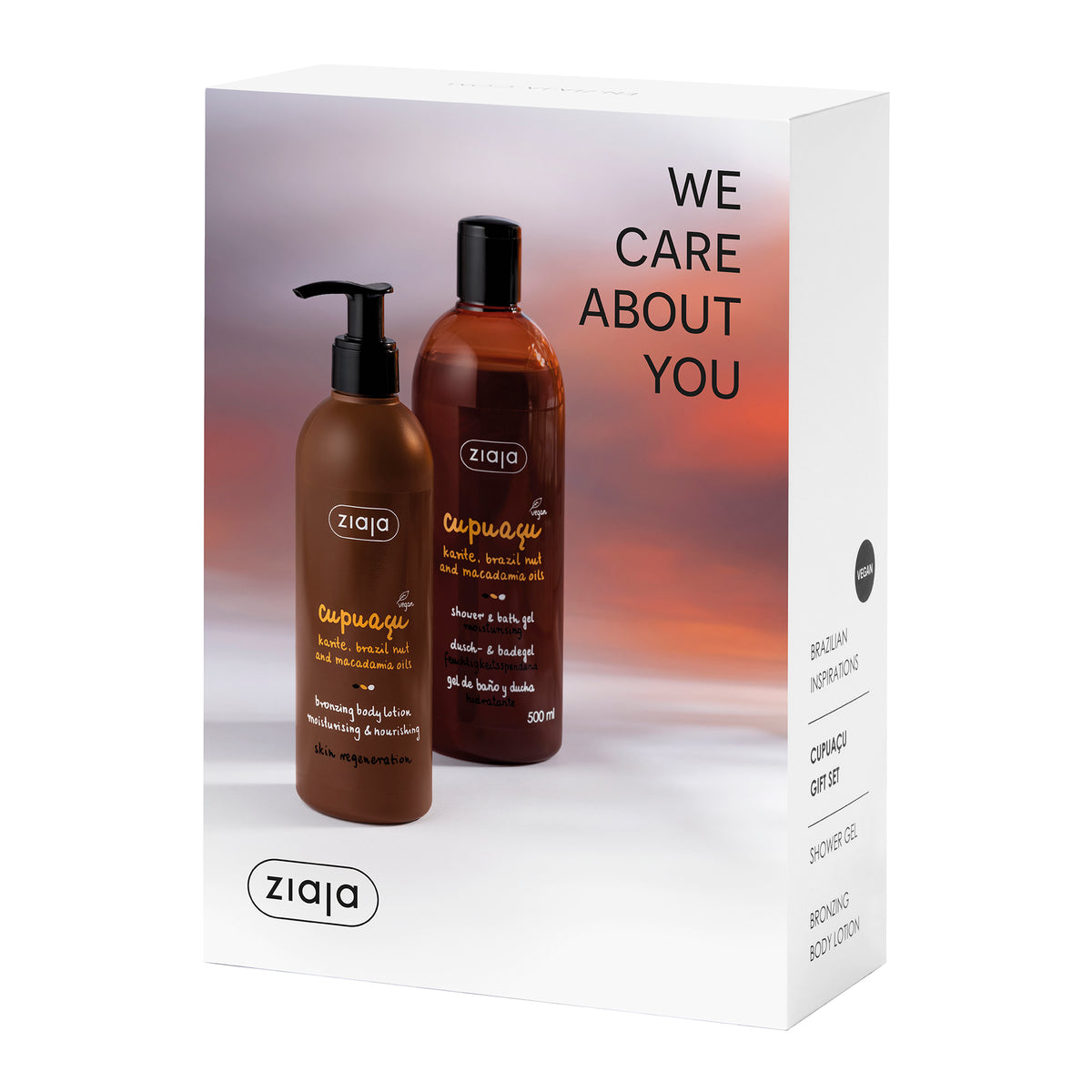 Ziaja Cupuacu gift set with bronzing body lotion and moisturising shower and bath gel in a white “We Care About You” box