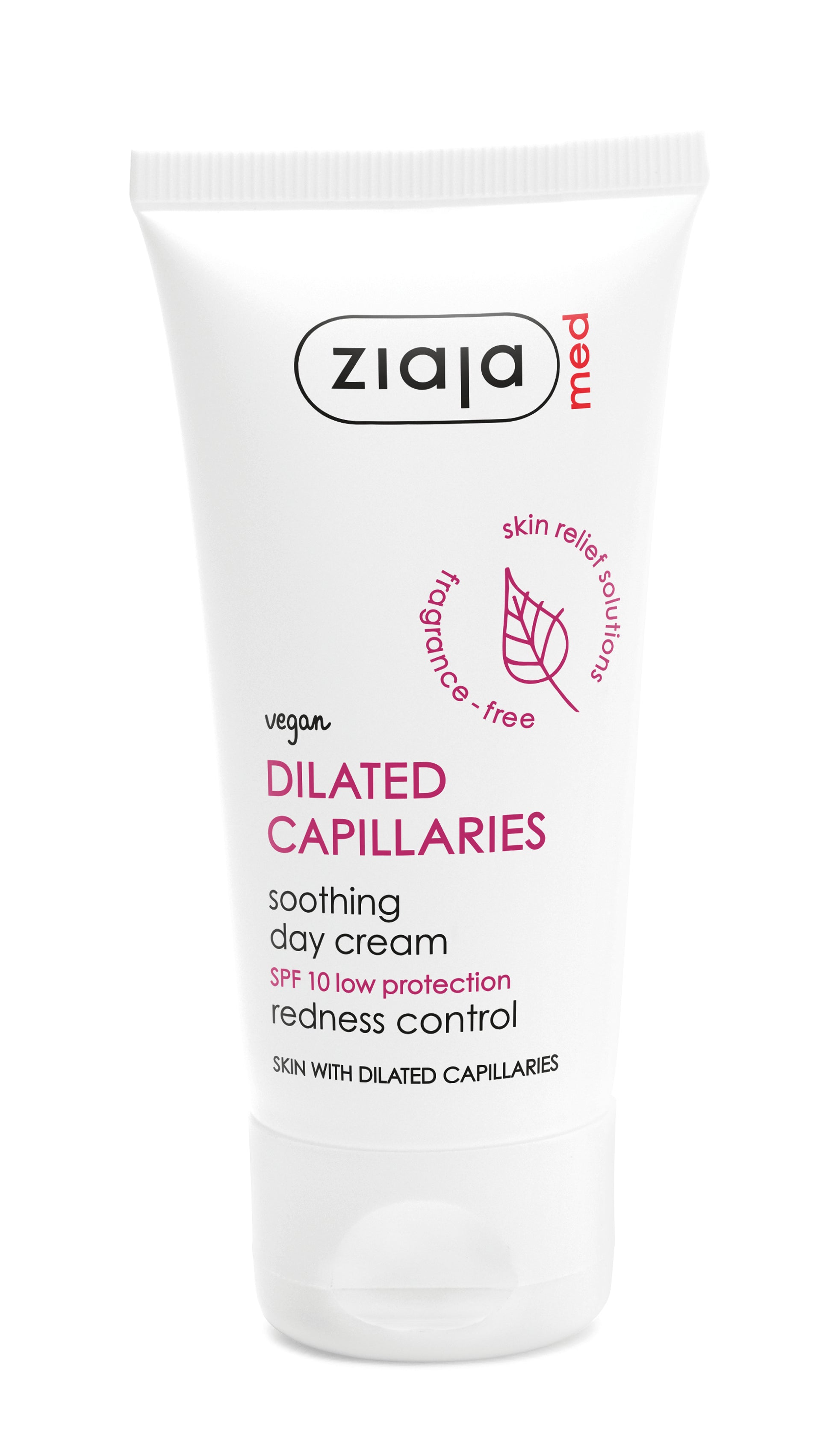 Ziaja Med Dilated Capillaries Soothing Day Cream SPF 10 in a white squeeze tube with pink and black text, on a white background.
