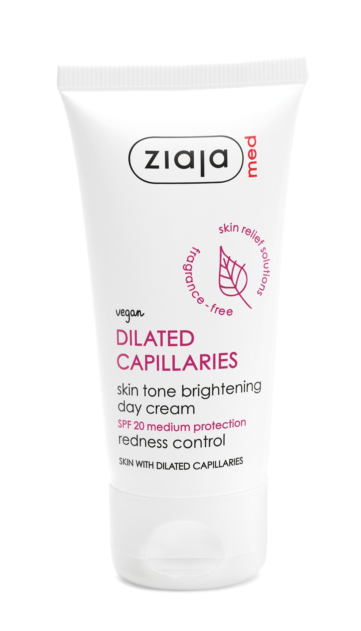 Ziaja Med Dilated Capillaries Skin Tone Brightening Day Cream SPF 20 in a white squeeze tube with pink and black text, on a white background.