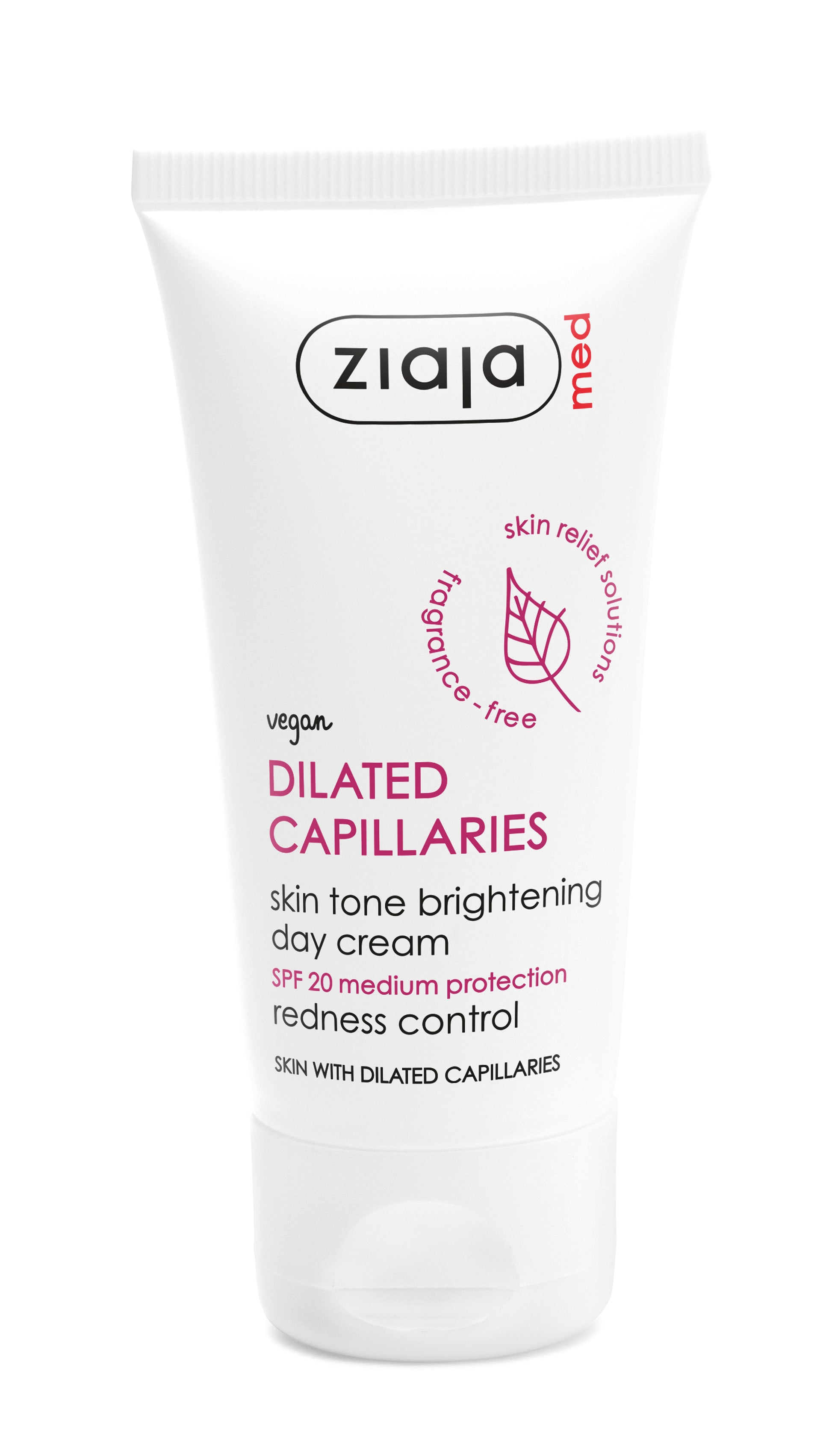 Ziaja Med Dilated Capillaries Skin Tone Brightening Day Cream SPF 20 in a white squeeze tube with pink and black text, on a white background.