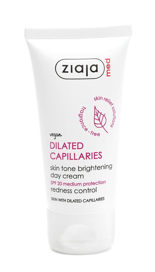 Ziaja Med Dilated Capillaries Skin Tone Brightening Day Cream SPF 20 in a white squeeze tube with pink and black text, on a white background.