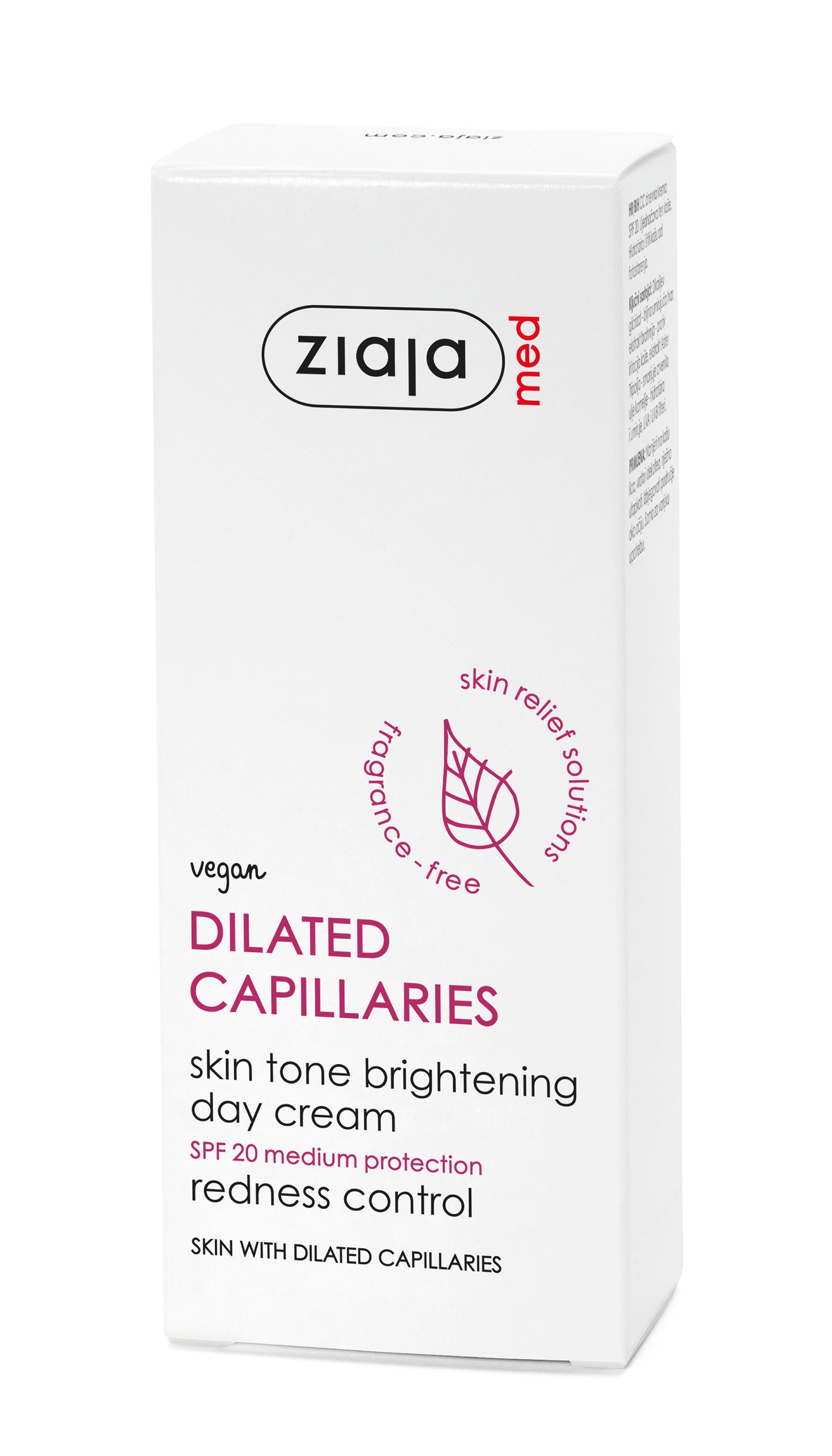 Ziaja MED Dilated Capillaries Skin Tone Brightening Day Cream SPF 20 in a white rectangular box with purple and black text.
