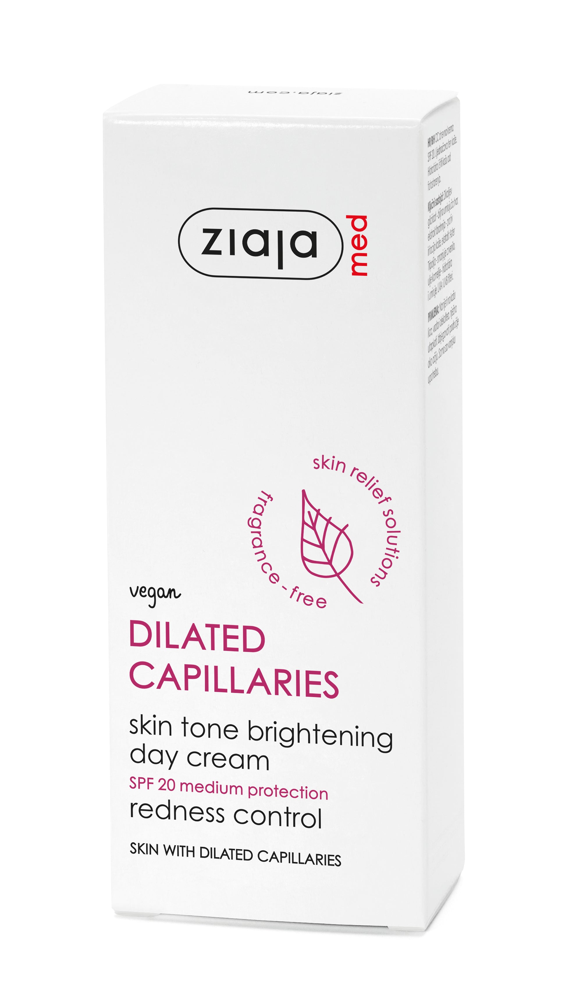 Ziaja MED Dilated Capillaries Skin Tone Brightening Day Cream SPF 20 in a white rectangular box with purple and black text.