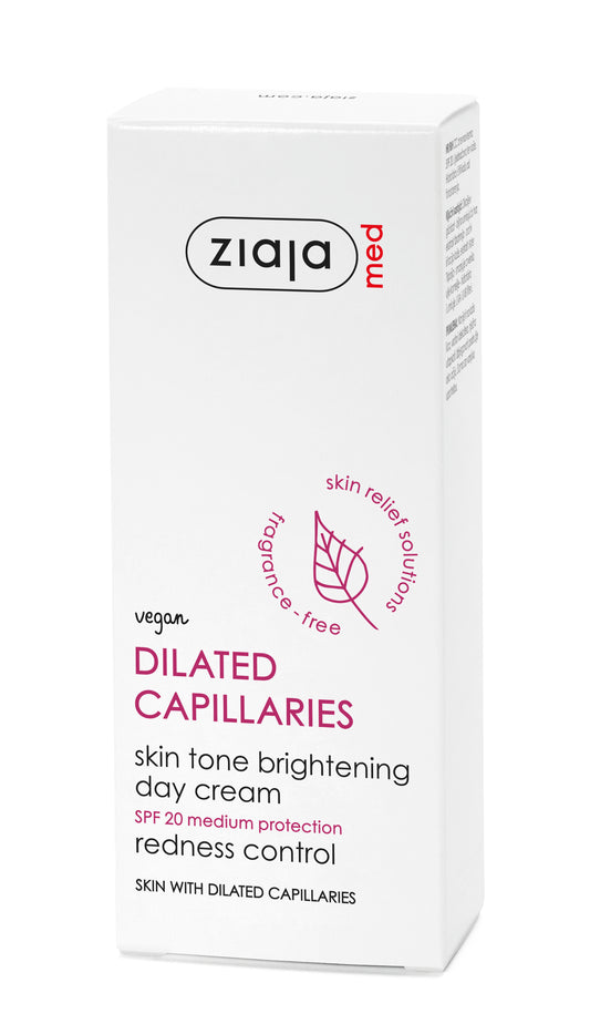 Ziaja MED Dilated Capillaries Skin Tone Brightening Day Cream SPF 20 in a white rectangular box with purple and black text.