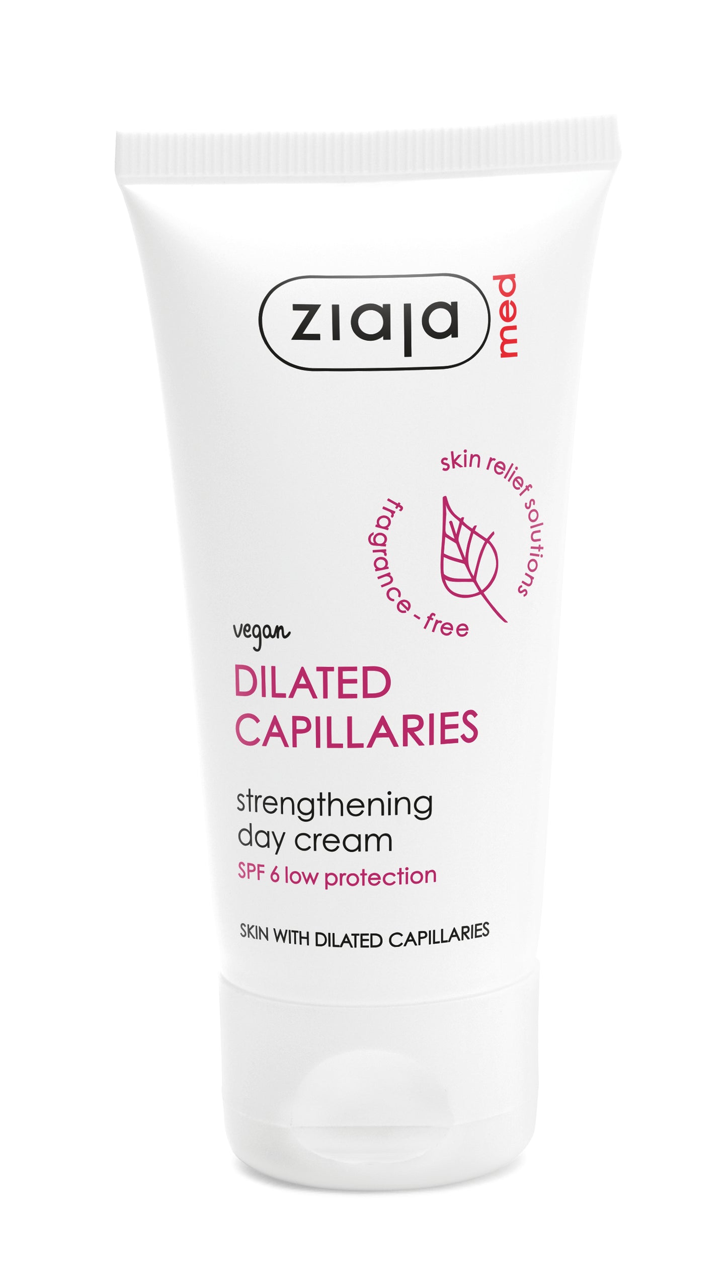 Ziaja Med Dilated Capillaries Strengthening Day Cream SPF 6 in a white squeeze tube with pink and black text, on a white background.