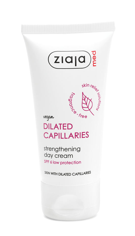 Ziaja Med Dilated Capillaries Strengthening Day Cream SPF 6 in a white squeeze tube with pink and black text, on a white background.