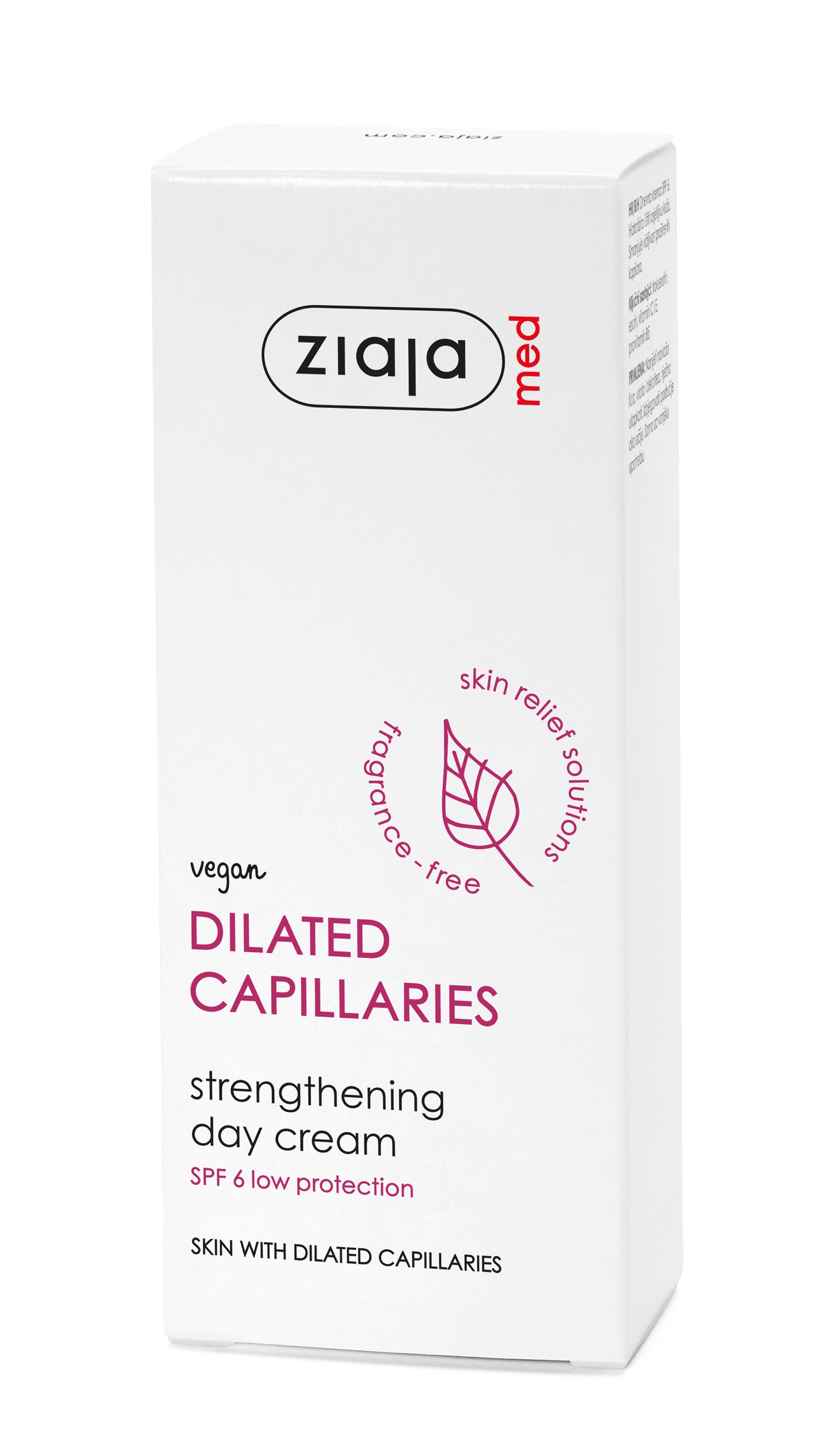 A white rectangular box of Ziaja Dilated Capillaries Strengthening Day Cream, featuring purple and black text on a clean white background.