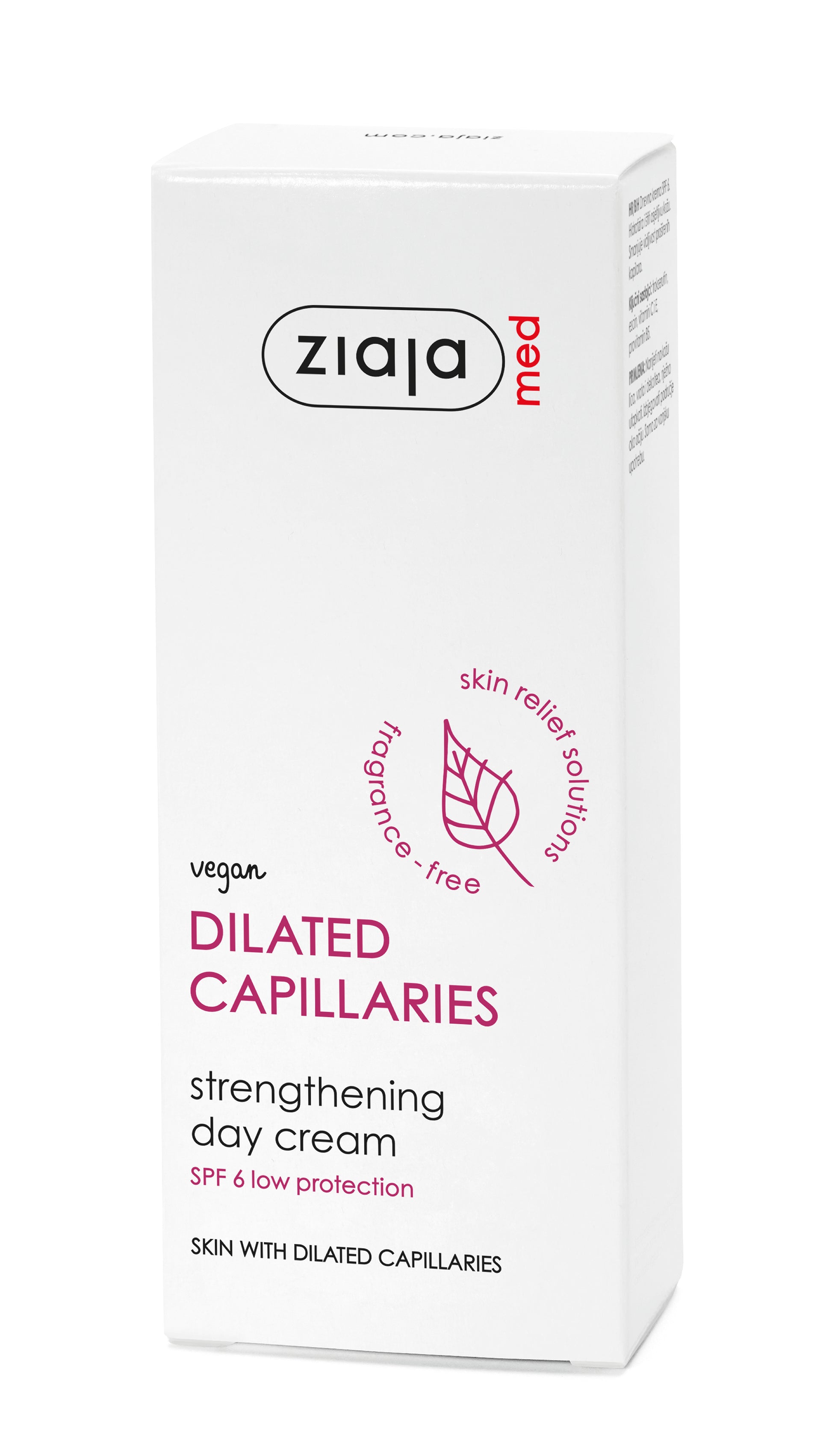 A white rectangular box of Ziaja Dilated Capillaries Strengthening Day Cream, featuring purple and black text on a clean white background.