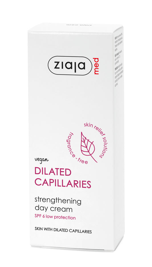 A white rectangular box of Ziaja Dilated Capillaries Strengthening Day Cream, featuring purple and black text on a clean white background.