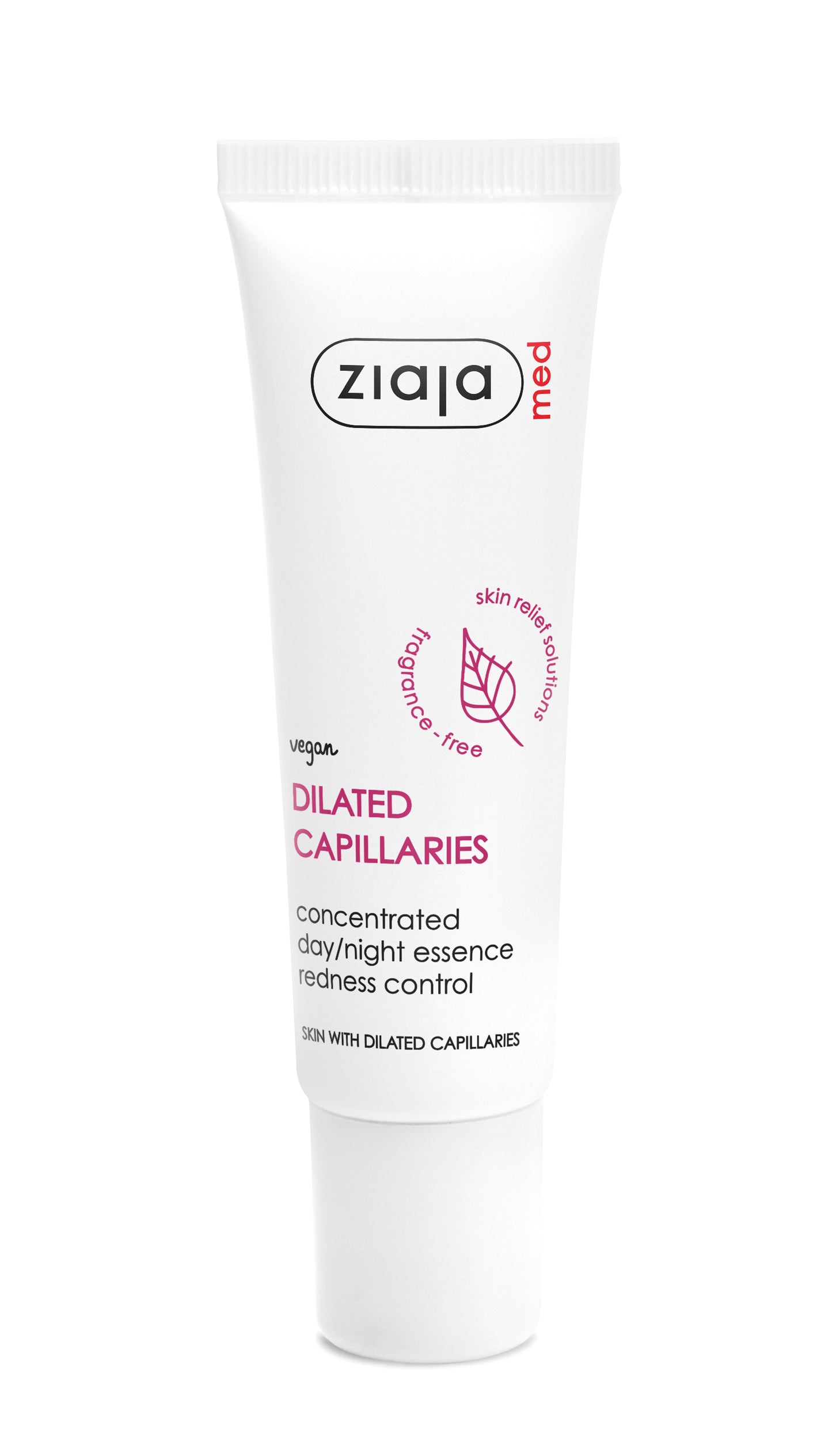 Ziaja Med Dilated Capillaries concentrated day/night essence in a white squeeze tube with purple and red text, on a white background.
