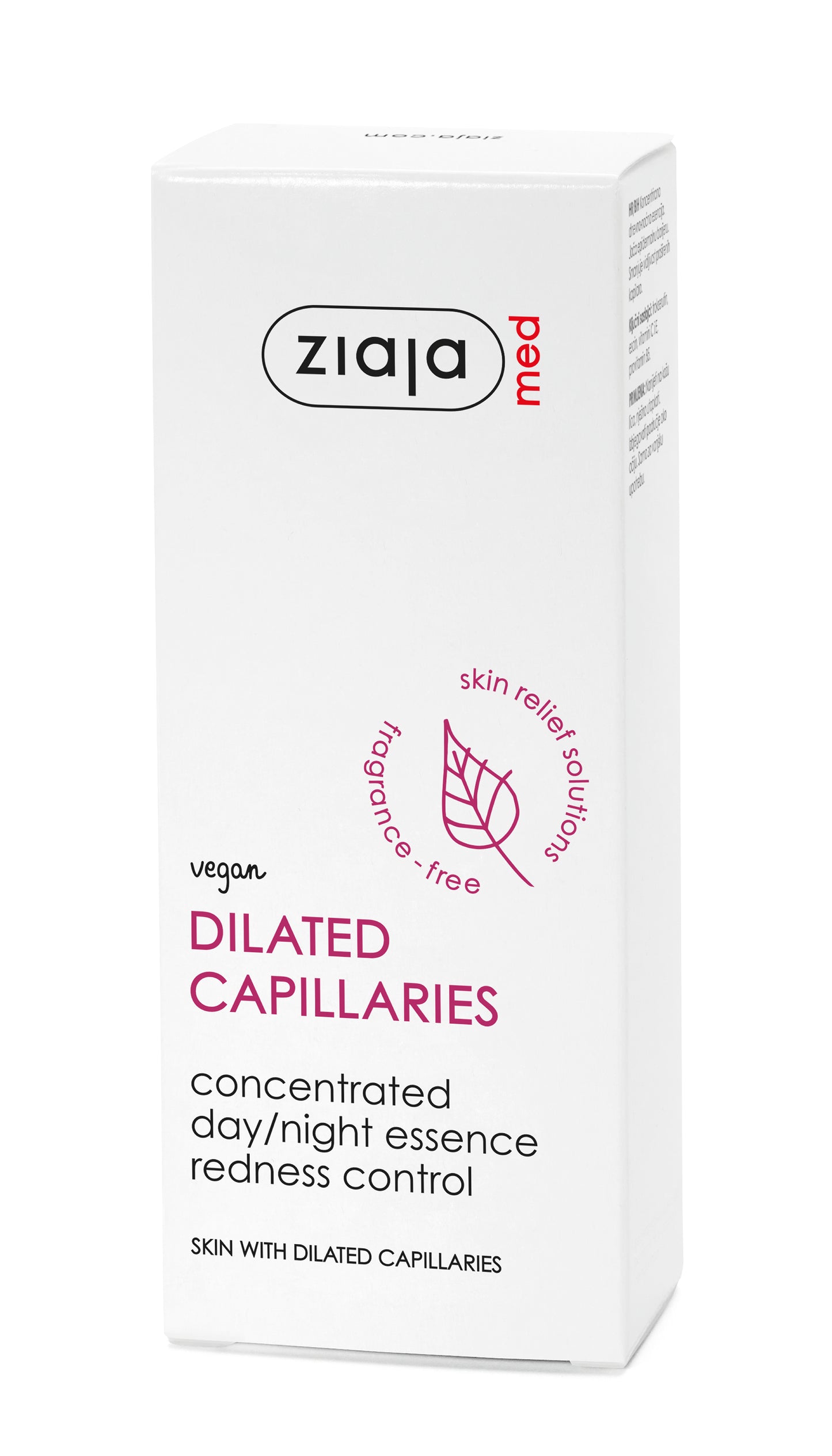 A white rectangular box of Ziaja Med Dilated Capillaries concentrated day/night essence, featuring purple and black text on a clean white background.