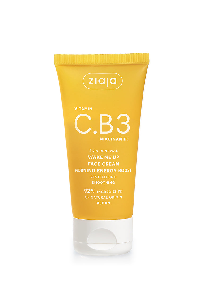 A yellow tube of Ziaja Vitamin C.B3 Niacinamide Wake Me up Face Cream, with white and black text displaying the product details.
