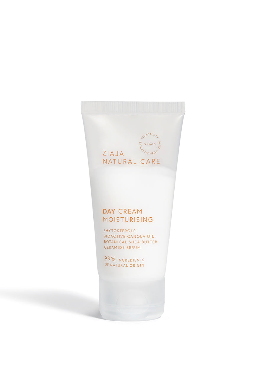 Ziaja Natural Care Moisturising Day Cream (99% ingredients of natural origin) in a white tube on a plain white background.
