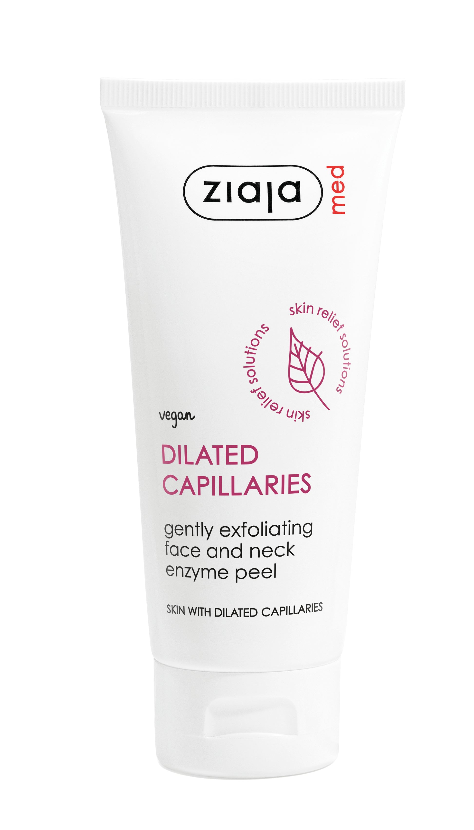 Ziaja Med Dilated Capillaries gently exfoliating face and neck enzyme peel in a white squeeze tube with purple and red text, on a white background.