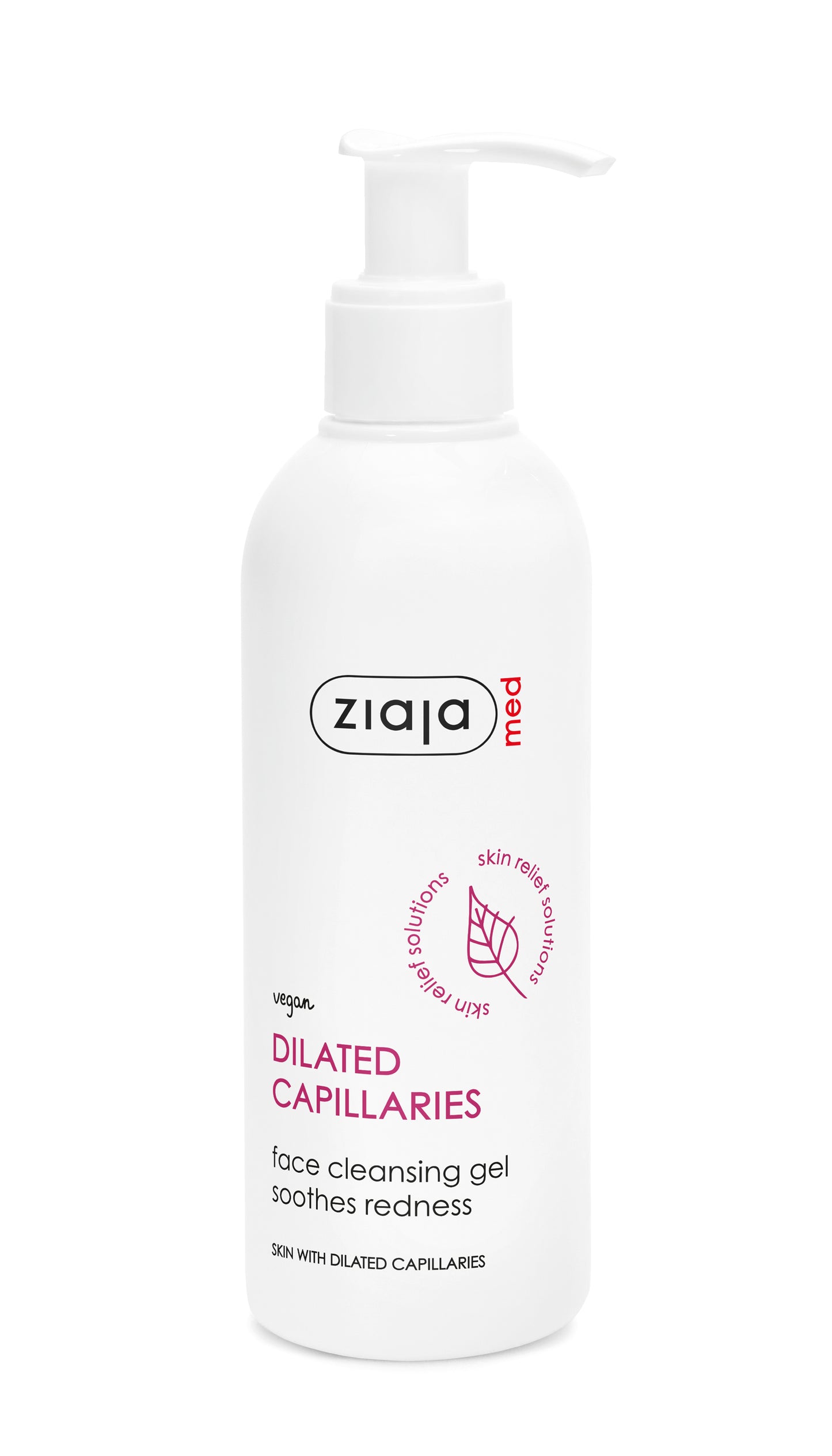 Ziaja Med Dilated Capillaries Face Cleansing Gel in a white pump bottle with purple and red text on a white background.