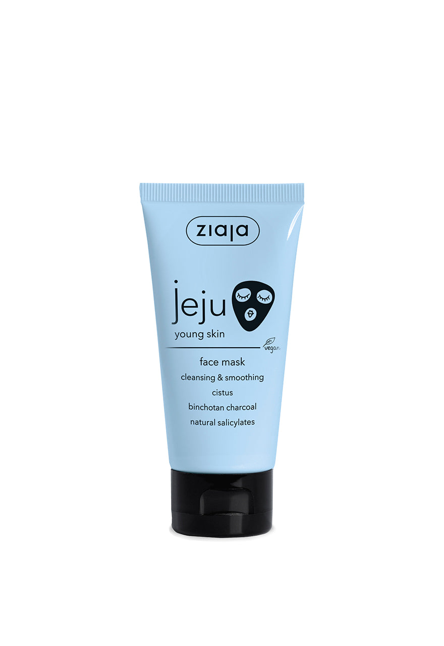 Ziaja Jeju vegan cleansing and smoothing face mask with binchotan charcoal for young skin, in a light blue tube