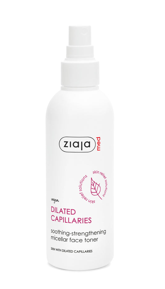 Ziaja Med Dilated Capillaries Soothing Strengthening Micellar Face Toner in a white spray bottle with purple and red text accents.