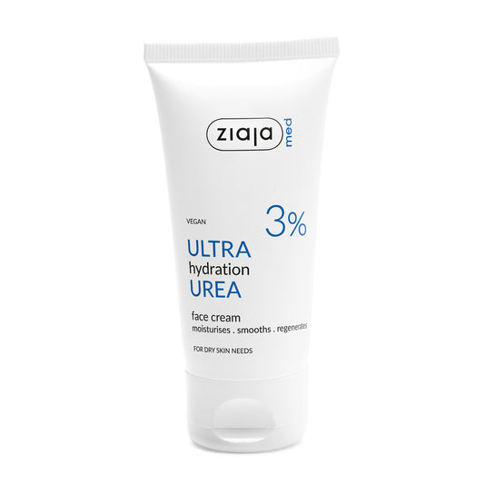White Tube of Ziaja Med Urea Ultra Hydration Face Cream 3% – Vegan Moisturising, Smoothing & Regenerating Face Cream for Dry Skin
