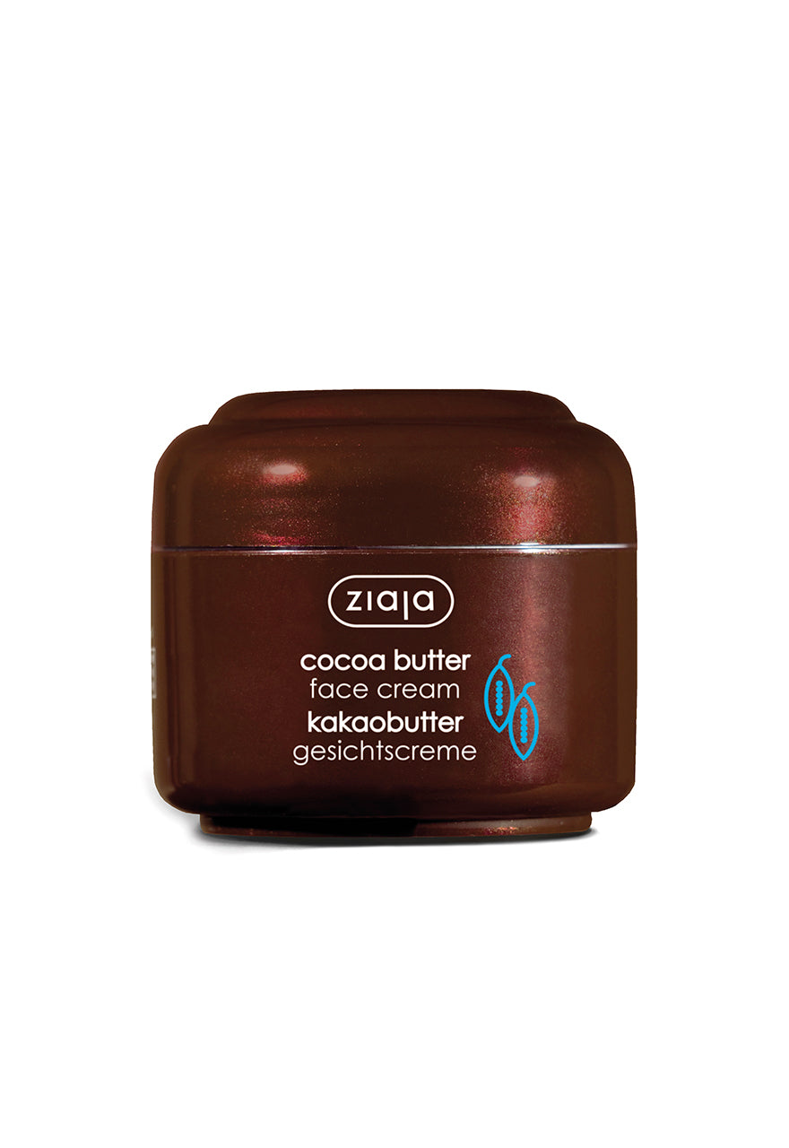 Ziaja cocoa butter face cream in a brown jar on a white background