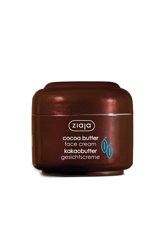 Ziaja cocoa butter face cream in a brown jar on a white background