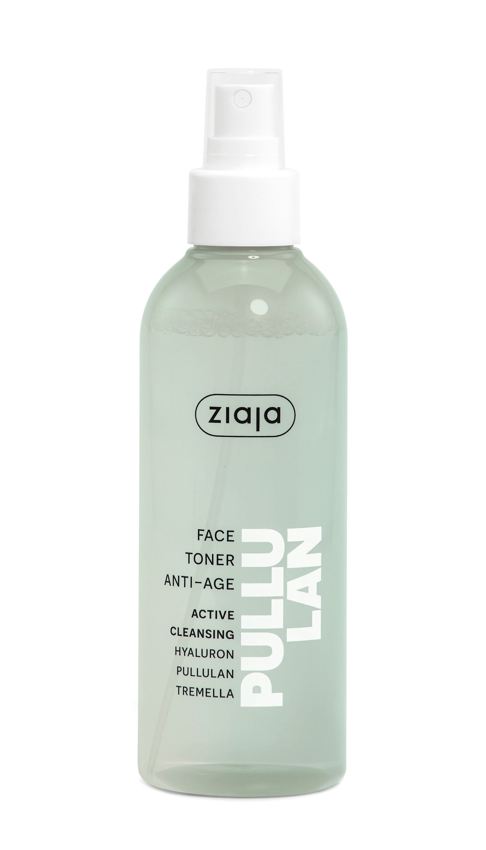 Green bottle of Ziaja Pululan Lan Face Toner on a white background