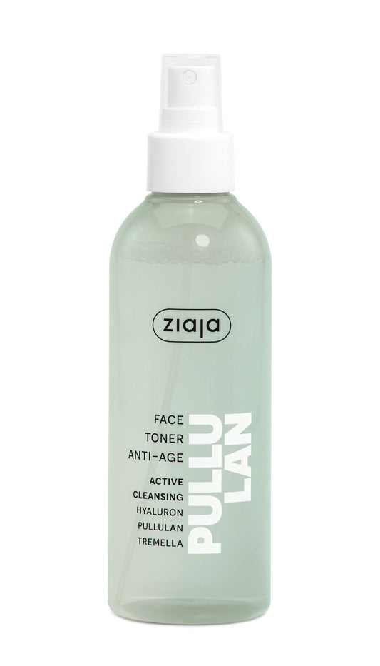 Green bottle of Ziaja Pululan Lan Face Toner on a white background