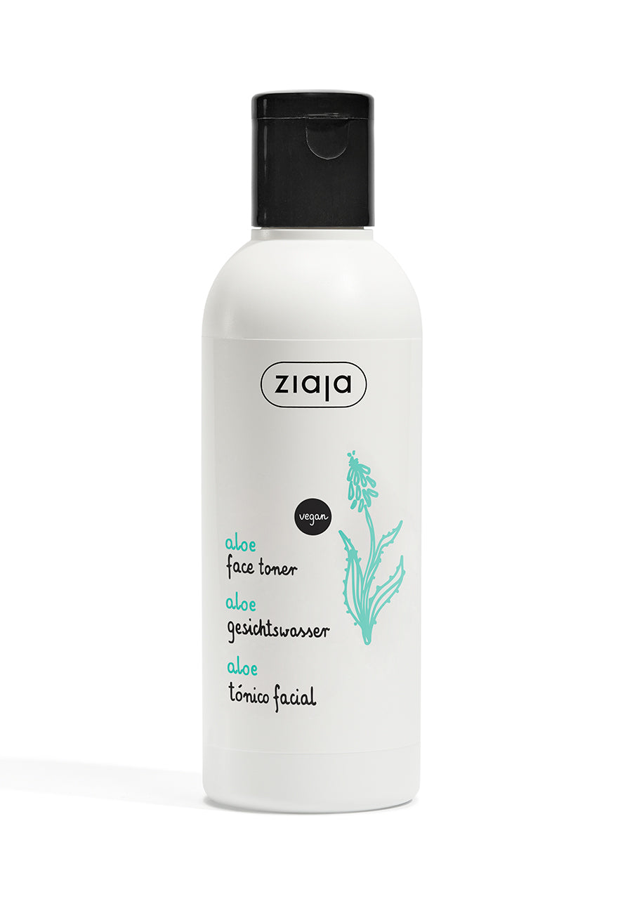 A white bottle with a black cap labeled Ziaja Aloe Toner for dry skin, with a graphic of an aloe vera plant.