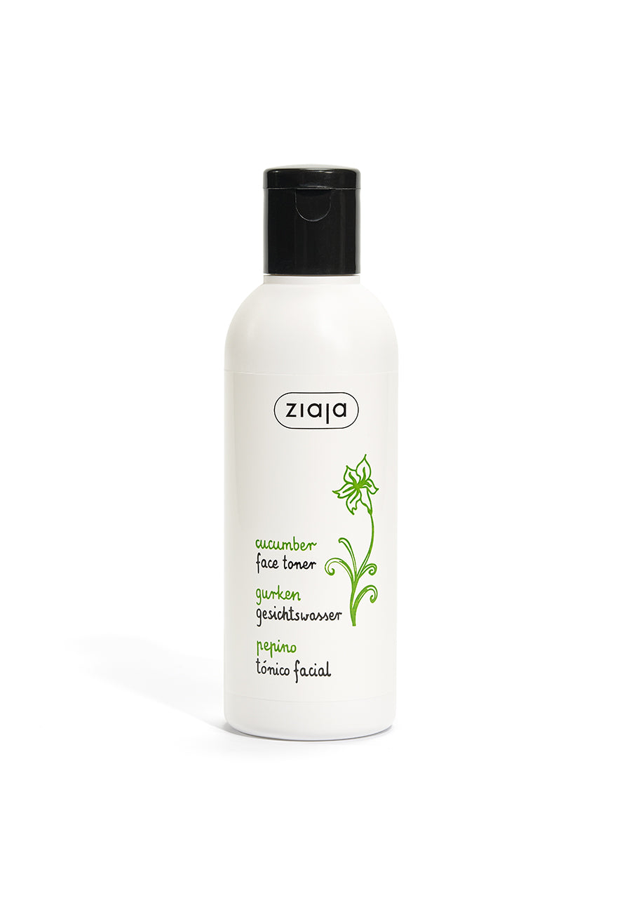 A bottle of Ziaja Cucumber Face Toner with a white label and green cucumber illustration.