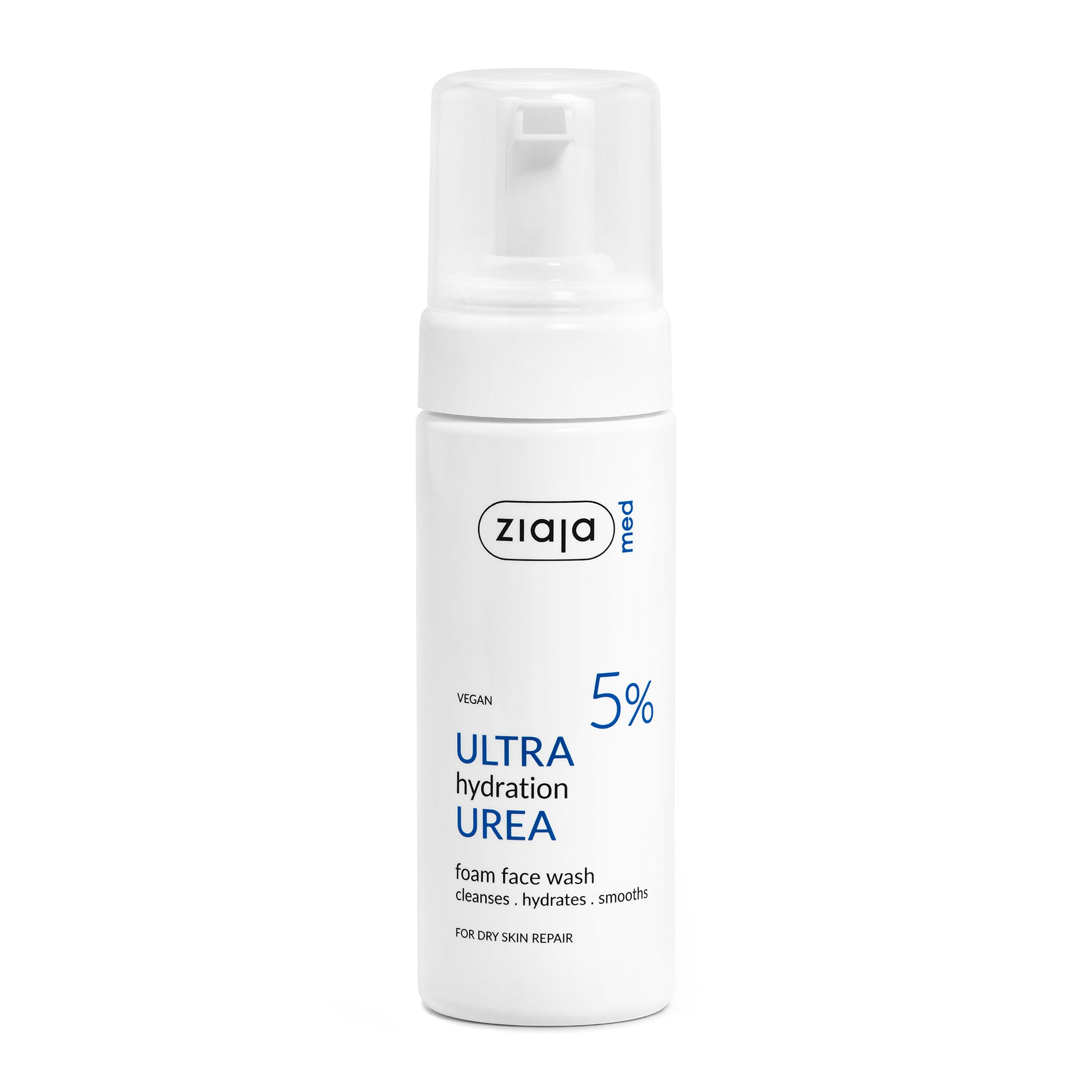 White Foaming Pump Bottle of Ziaja Med Urea Ultra Hydration Foam Face Wash 5% – Vegan Hydrating Facial Cleanser for Dry Skin