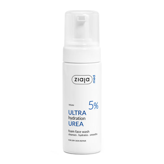 White Foaming Pump Bottle of Ziaja Med Urea Ultra Hydration Foam Face Wash 5% – Vegan Hydrating Facial Cleanser for Dry Skin