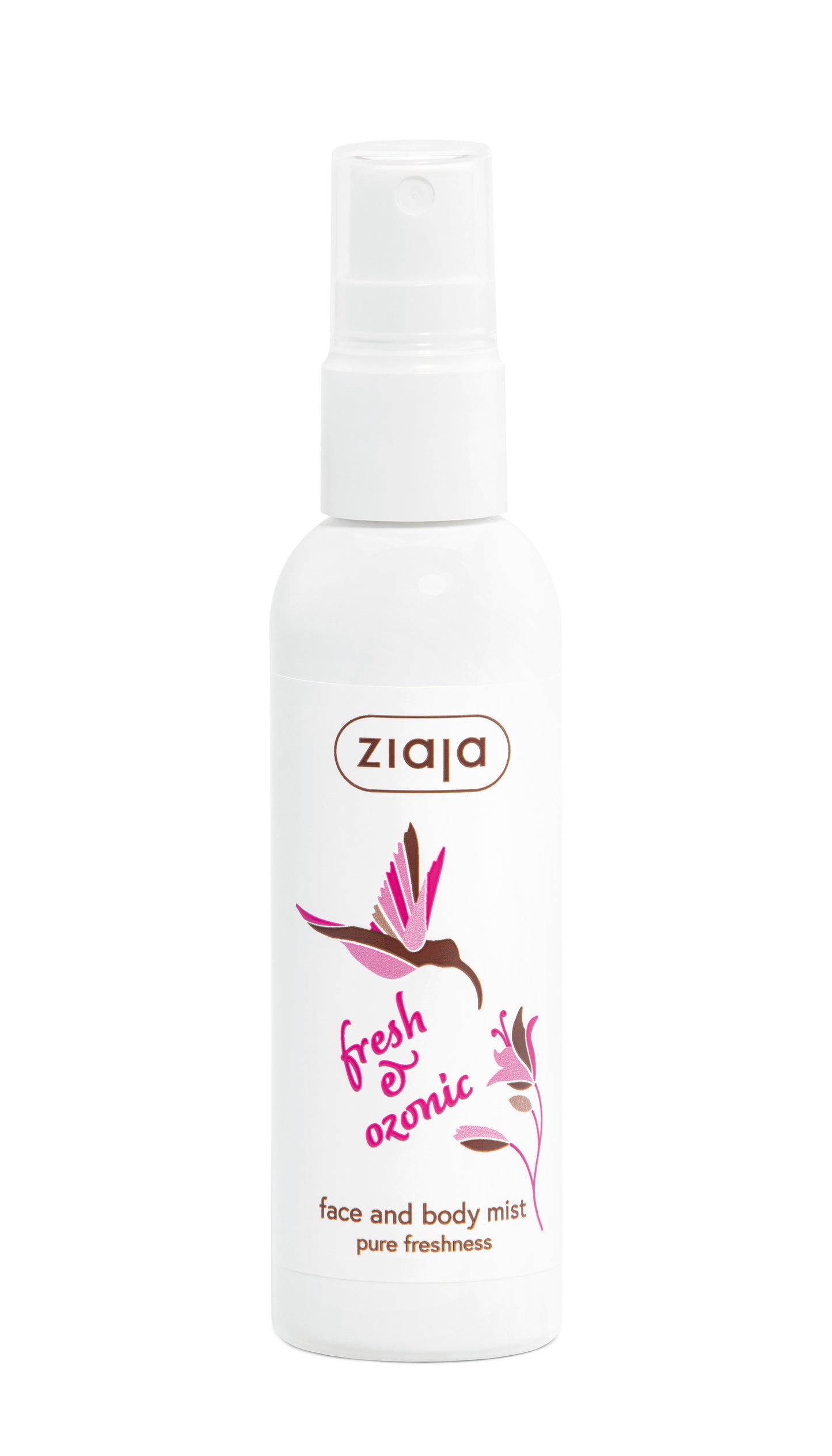 Ziaja fresh ozonic face and body mist bottle on a white background
