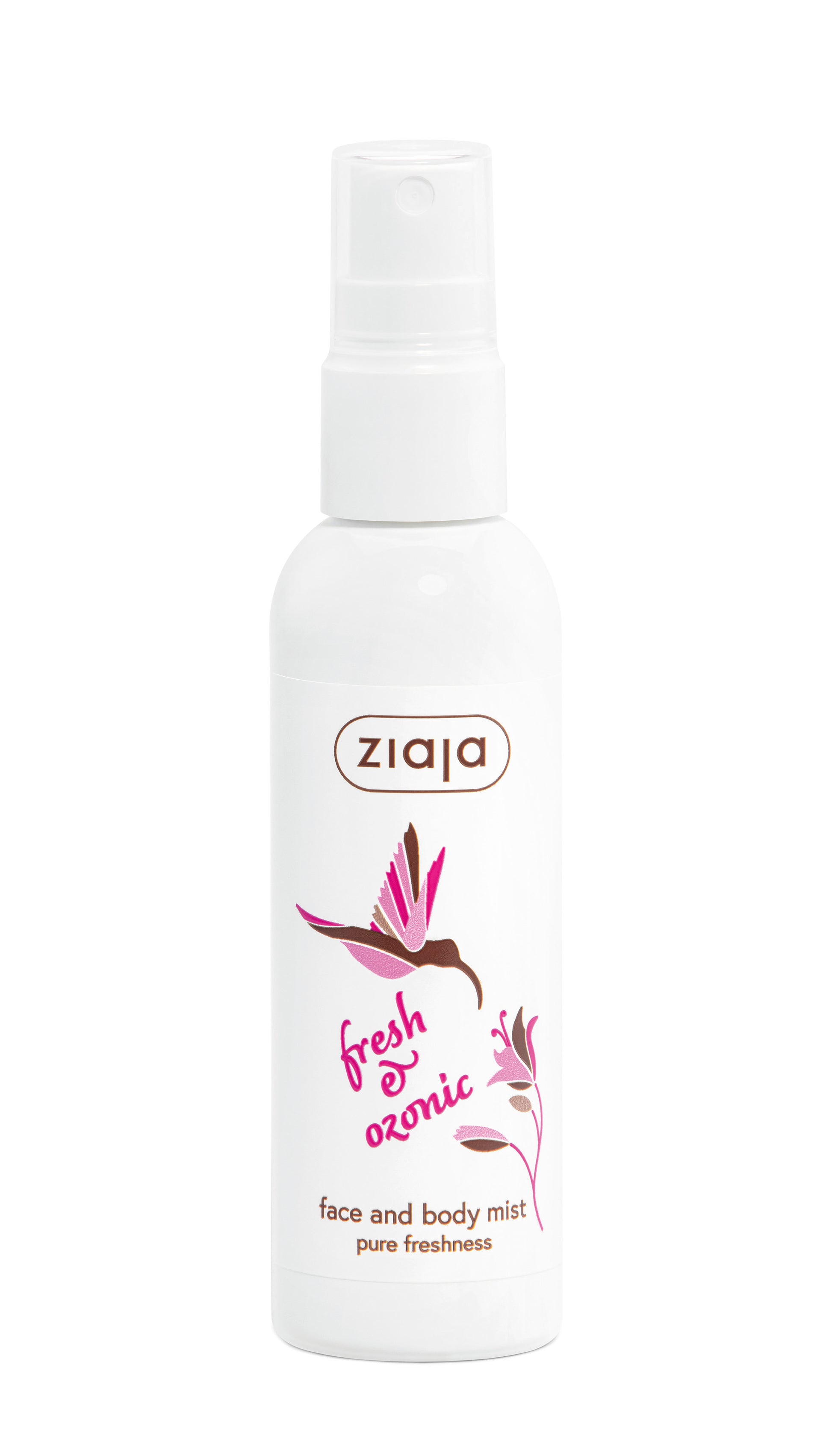 Ziaja fresh ozonic face and body mist bottle on a white background