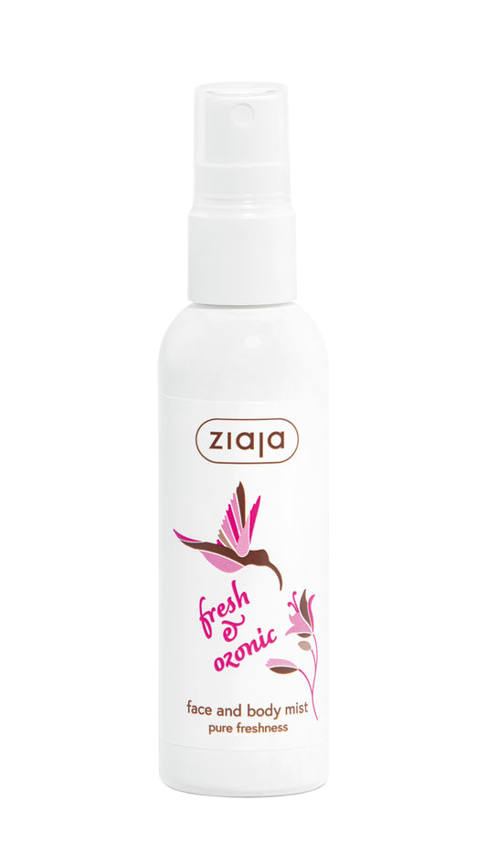 Ziaja fresh ozonic face and body mist bottle on a white background