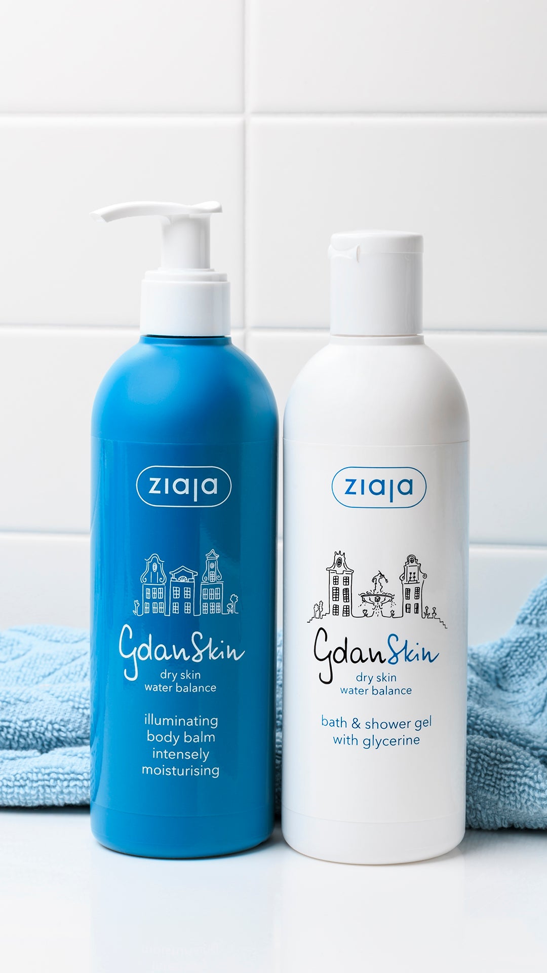 Two bottles of Ziaja skincare products on a tiled wall background
