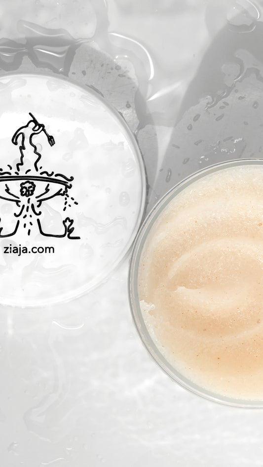 Jar of beige cream with a logo on a white background