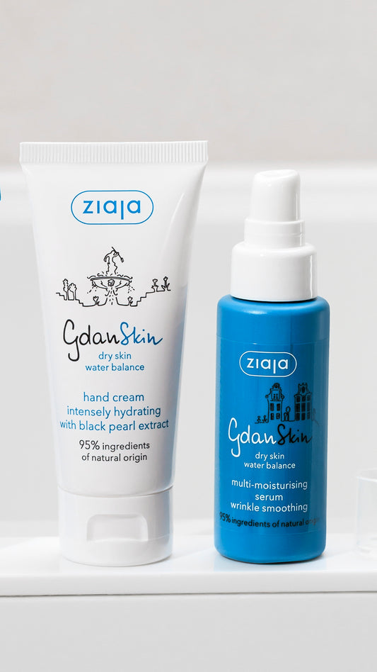Ziaja skincare products including a hand cream and serum on a white background