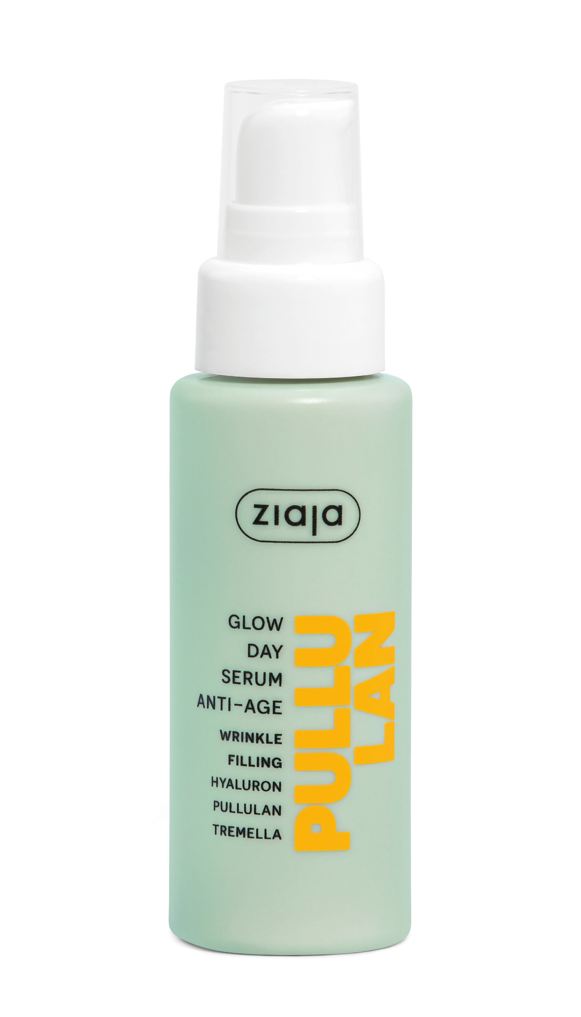 Green serum bottle with white cap labeled 'Ziaja' on a white background
