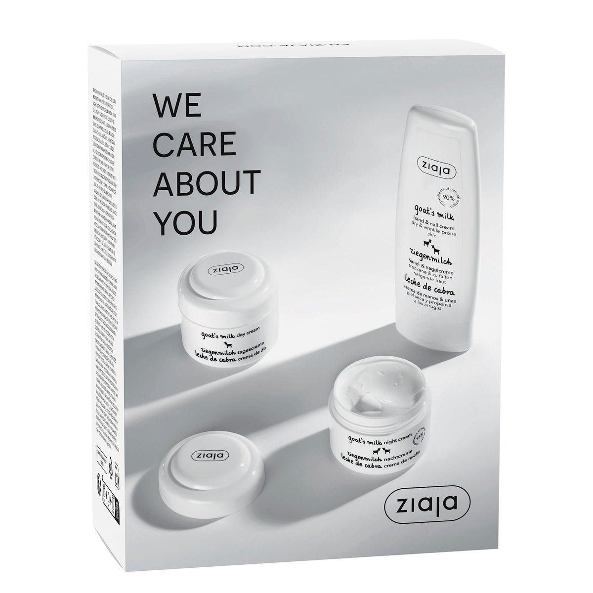 Ziaja Goat’s Milk skincare gift set with day cream, night cream and hand and nail cream in a white gift box.