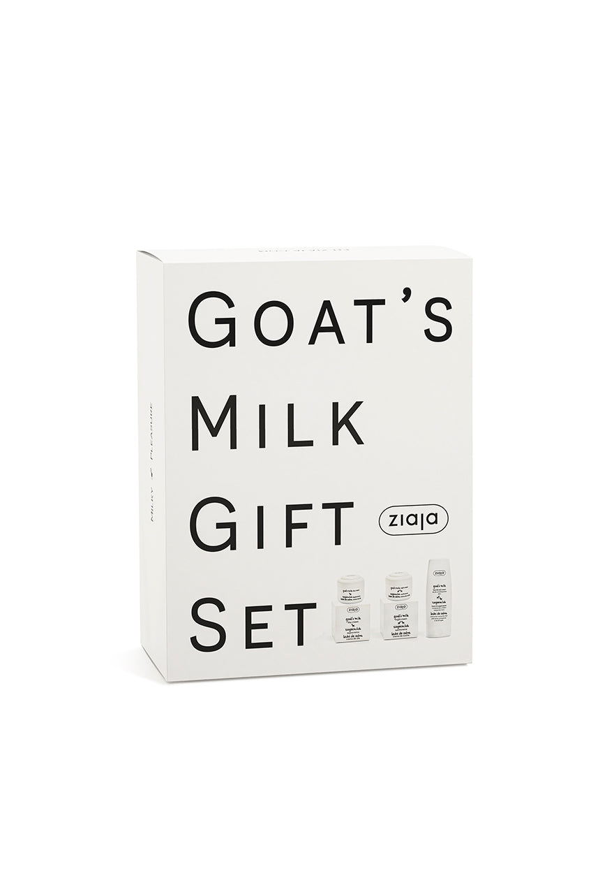 A gift set box labeled 'Goat's Milk Gift Set' from the brand Ziaja, consisting of two face creams for day and night and a hand & nail cream.