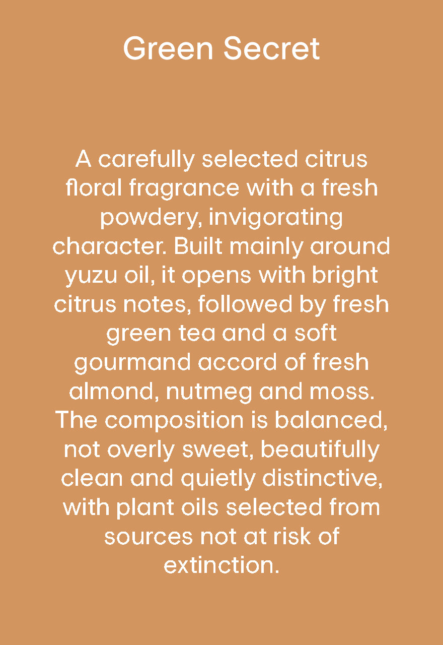 Text description of a fragrance on a brown background with 'Green Secret' branding.